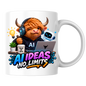 Tech Mug "AI Ideas No Limits Highland Cow" 325ml Ceramic Mug – Cute Highland Cow in Hoodie with Laptop, Headphones Little Robot Companion Modern Tech Gift For Developers AI Enthusiasts | Available in Multicolours | Fast Dispatch by UK Seller (M3228)