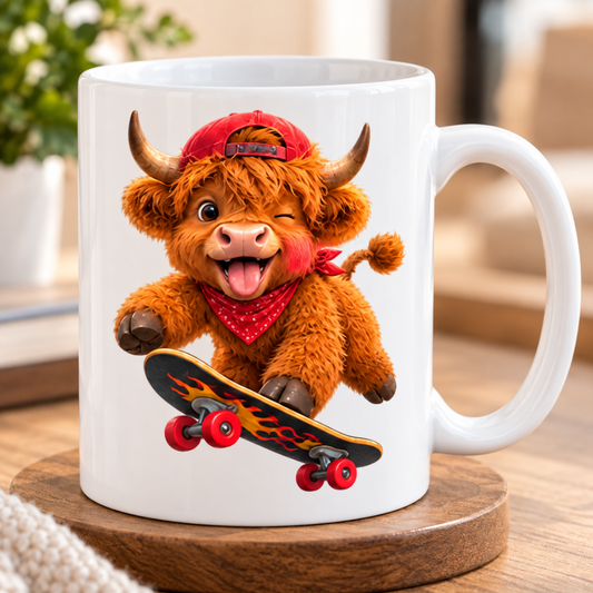 Novelty Mug Skateboard Highland Cow Ceramic Coffee Mug - Cool Fluffy Farm Animal Baseball Cap & Bandana Tea Cup for Skaters and Animal Lovers | Available in Multicolours | Fast Dispatch by UK Seller (M1220)