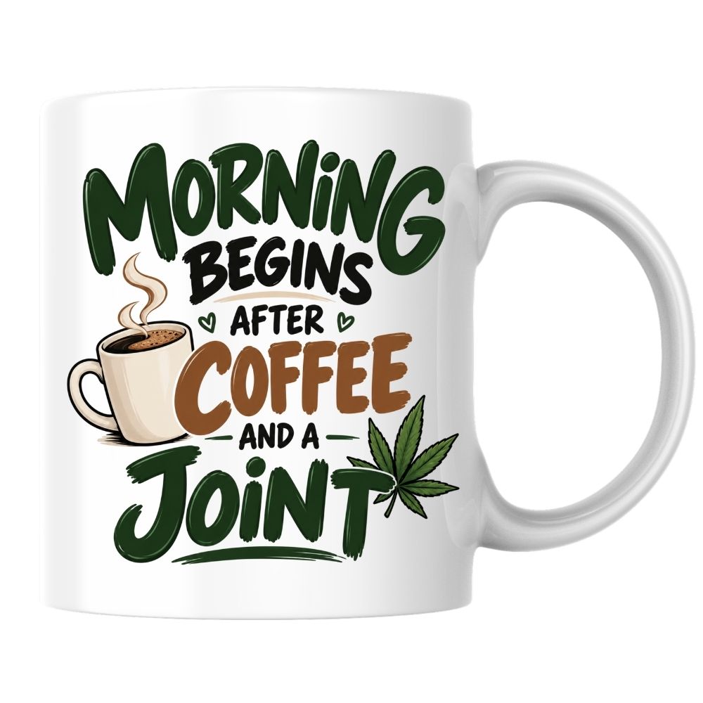 Funny Mug "Morning Begins After Coffee And A Joint" Cannabis Leaf Coffee Cup 350ml, Ceramic Novelty Stoner Humour Gift for Him Her, Funny Adult Joke Mug, Birthday Christmas Secret Santa Stocking Filler | Fast Dispatch by UK Seller (M1100)