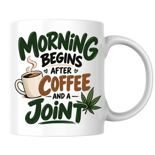 Funny Mug "Morning Begins After Coffee And A Joint" Cannabis Leaf Coffee Cup 350ml, Ceramic Novelty Stoner Humour Gift for Him Her, Funny Adult Joke Mug, Birthday Christmas Secret Santa Stocking Filler | Fast Dispatch by UK Seller (M1100)