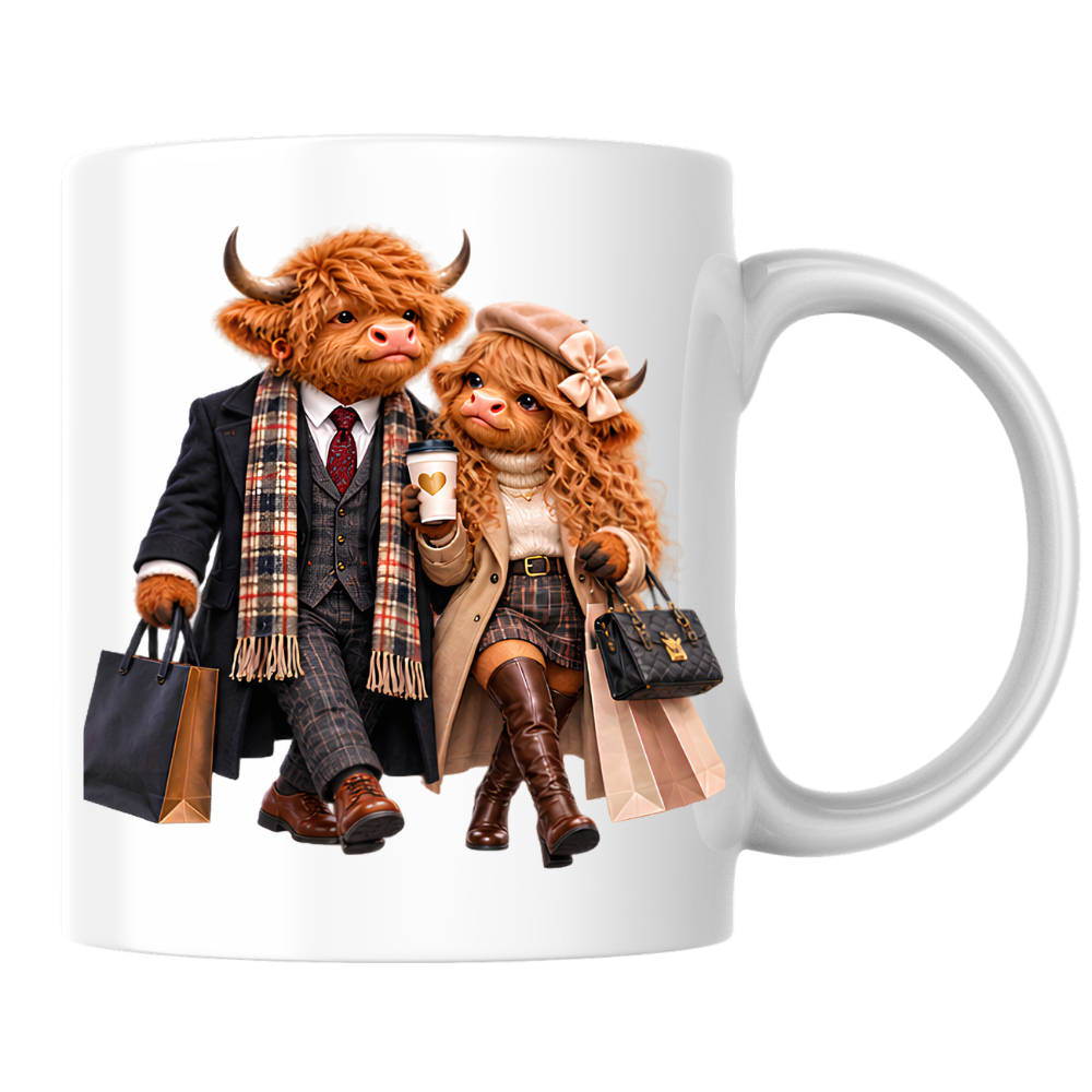 Fashion Mug "Stylish Highland Cow Couple Shopping" Stylish Highland Cow Couple 325ml Ceramic Coffee Mug – Chic Autumn Fashion Tea Cup with Winter Overcoats Designer Handbag Graphic Gift | Available in Multicolours | Fast Dispatch by UK Seller (M3188)