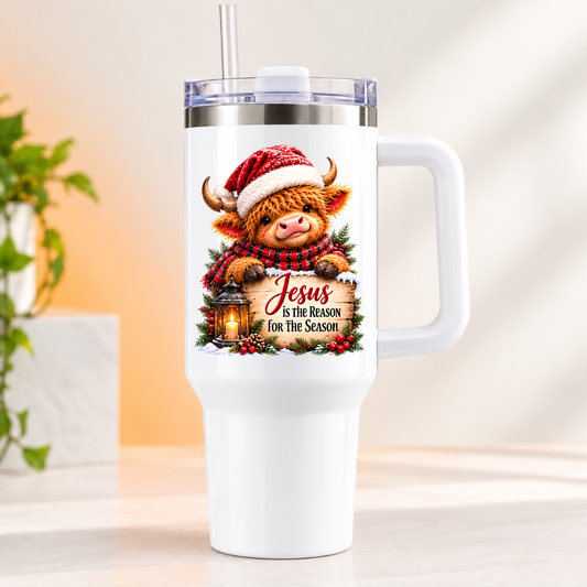 Inspirational Christmas Highland Cow Travel Tumbler "Jesus Is The Reason For The Season" Graphic 40oz Stainless Steel Insulated Travel Mug with Handle & Straw – Festive Calf, Santa Hat & Tartan Scarf Novelty Travel Cup | Fast Dispatch by UK Seller (T3007)