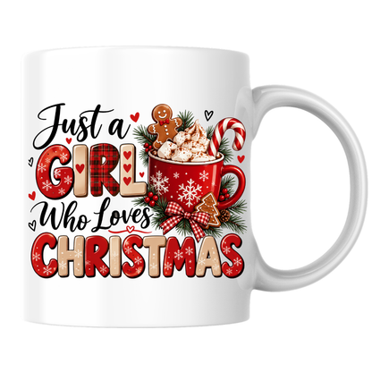 Christmas Mug "Just a Girl Who Loves Christmas" Festive Hot Chocolate Coffee Cup 350ml Ceramic, Cute Gingerbread Candy Cane Winter Gift for Her Mum Daughter Sister Girlfriend, Xmas Secret Santa Stocking Filler | Fast Dispatch by UK Seller (M1144)