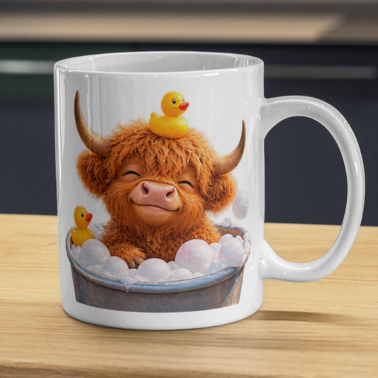 Cute Baby Highland Cow in Bubble Bath Coffee Mug - Rubber Duck Farm Animal Ceramic Tea Cup for Relaxation & Bath Time Gift (M1218)
