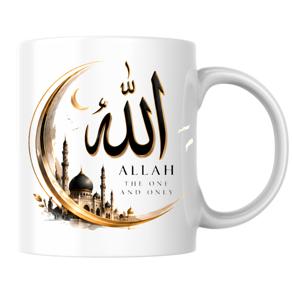 Islamic Mug "Allah The One And Only" Allah The One And Only 325ml Ceramic Coffee Mug – Elegant Arabic Calligraphy & Golden Crescent Moon Mosque Artwork | Islamic Spiritual Gift | Fast Dispatch by UK Seller (M3472)