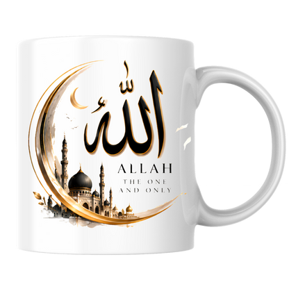 Islamic Mug "Allah The One And Only" Allah The One And Only 325ml Ceramic Coffee Mug – Elegant Arabic Calligraphy & Golden Crescent Moon Mosque Artwork | Islamic Spiritual Gift | Fast Dispatch by UK Seller (M3472)