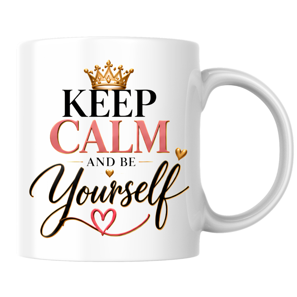 Motivational Mug "Keep Calm And Be Yourself" 325ml Ceramic Coffee Tea Cup – Gold Crown, Elegant Script & Heart Slogan Novelty Gift for Women, Friends, Birthday, Colleagues – Fast Dispatch by UK Seller (M3490)