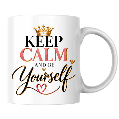 Motivational Mug "Keep Calm And Be Yourself" 325ml Ceramic Coffee Tea Cup – Gold Crown, Elegant Script & Heart Slogan Novelty Gift for Women, Friends, Birthday, Colleagues – Fast Dispatch by UK Seller (M3490)