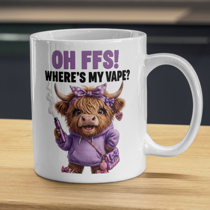Funny Highland Cow "Where's My Vape" Coffee Mug - Sarcastic Meme Animal Ceramic Tea Cup for Vapers & Novelty Gift (M1205)