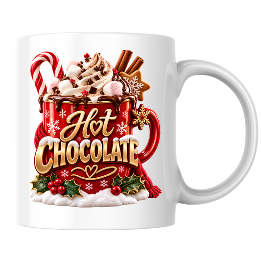 Christmas Mug "Hot Chocolate" Hot Chocolate 325ml Ceramic Coffee Mug – Festive Red Mug with Marshmallows, Candy Cane, Cinnamon & Whipped Cream Art | Winter Holiday Gift | Fast Dispatch by UK Seller (M3359)