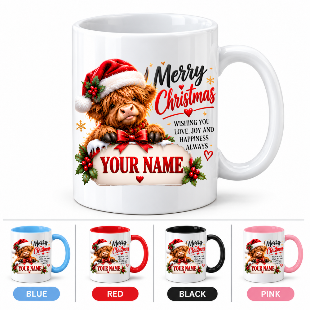 Personalised Christmas Mug "Merry Christmas" 325ml Ceramic Coffee Tea Cup – Santa Hat Highland Cow, Holly Berries, Custom Name & Festive Wish Slogan Novelty Gift for Bestie, Women, Holiday – Fast Dispatch by UK Seller (M3515)