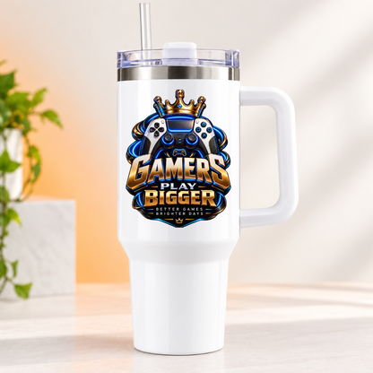 Cool Gaming Travel Tumbler "Gamers Play Bigger" Graphic 40oz Stainless Steel Insulated Travel Mug with Handle & Straw – Game Controller, Crown Crest & Swirl Graphic Novelty Gift for Gamers | Fast Dispatch by UK Seller (T3059)