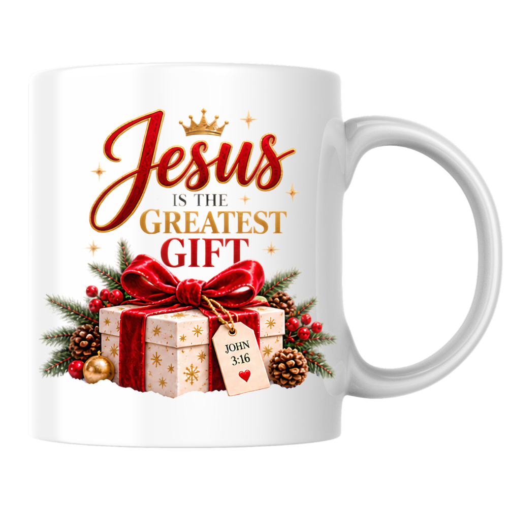 Christmas Mug "Jesus Is The Greatest Gift John 3:16" Jesus Is The Greatest Gift 325ml Ceramic Coffee Mug – Festive Christian Typography Mug With Gift Box Crown Holiday Gift | Available in Multicolours | Fast Dispatch by UK Seller (M3317)