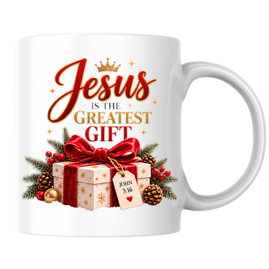 Christmas Mug "Jesus Is The Greatest Gift John 3:16" Jesus Is The Greatest Gift 325ml Ceramic Coffee Mug – Festive Christian Typography Mug With Gift Box Crown Holiday Gift | Available in Multicolours | Fast Dispatch by UK Seller (M3317)