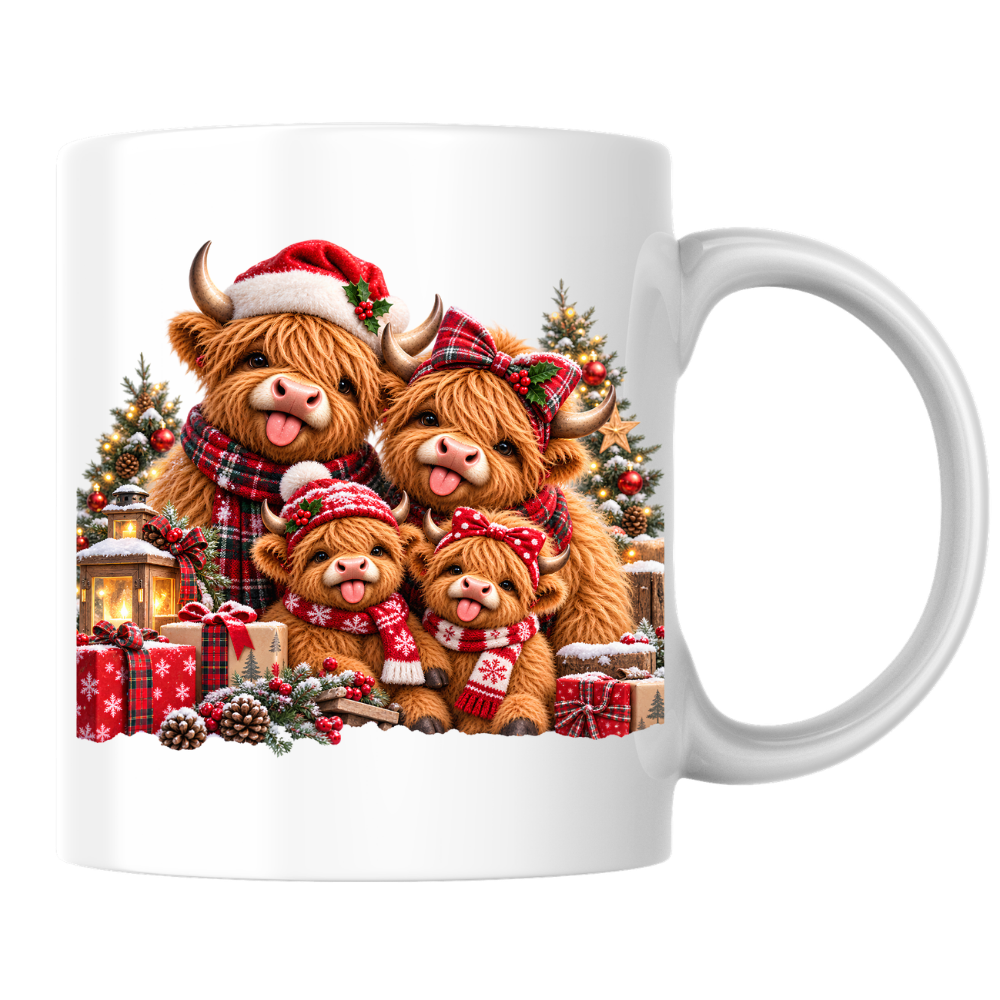 Christmas Highland Cow Family Mug Christmas Highland Cow Family 325ml Ceramic Coffee Mug – Festive Scottish Cows in Santa Hats, Bows & Scarves with Presents | Holiday Gift | Fast Dispatch by UK Seller (M3375)