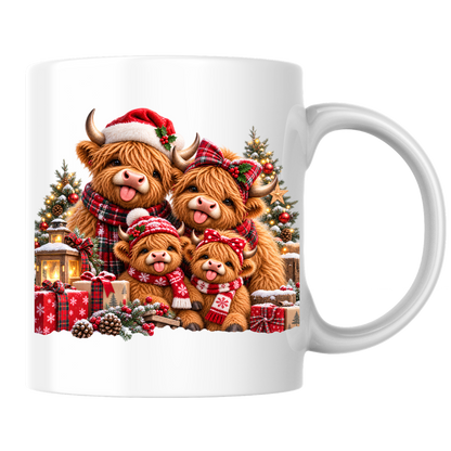 Christmas Highland Cow Family Mug Christmas Highland Cow Family 325ml Ceramic Coffee Mug – Festive Scottish Cows in Santa Hats, Bows & Scarves with Presents | Holiday Gift | Fast Dispatch by UK Seller (M3375)