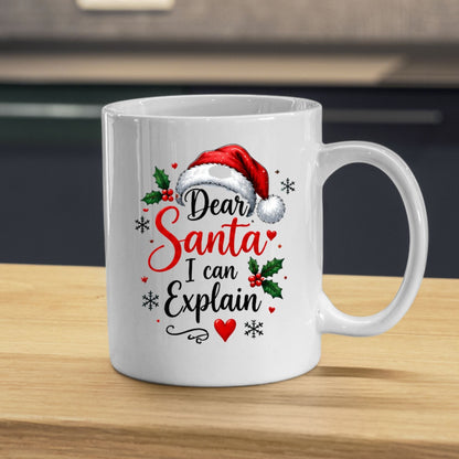 Humorous Mug "Dear Santa I can Explain" Santa Hat 325ml Ceramic Coffee Mug Funny Winter Holiday Tea Cup with Holly Berries & Slogan Gift | Available in Multicolours | Fast Dispatch by UK Seller (M1266)