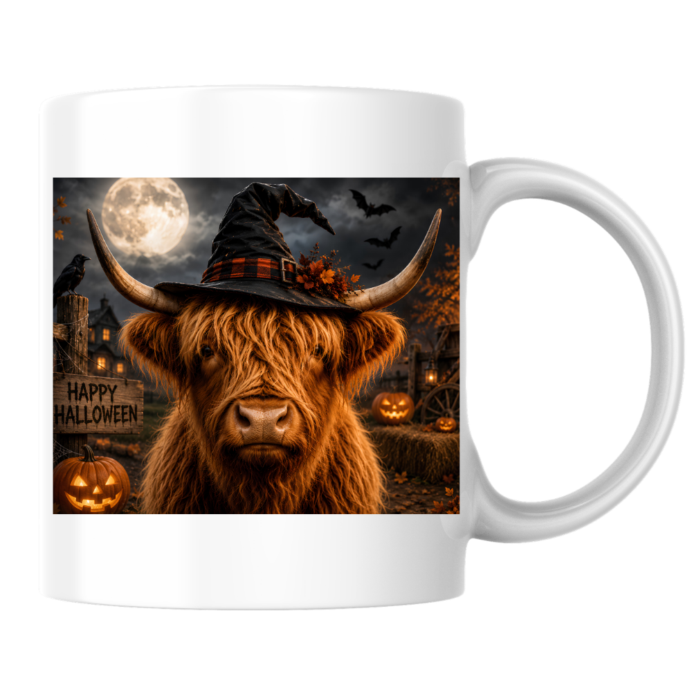 Spooky Mug "Spooky Witch Highland Cow" Witchy Highland Cow 325ml Ceramic Coffee Mug Gothic Halloween Tea Cup with Witch Hat and Full Moon Graphic Gift | Available in Multicolours | Fast Dispatch by UK Seller (M3158)