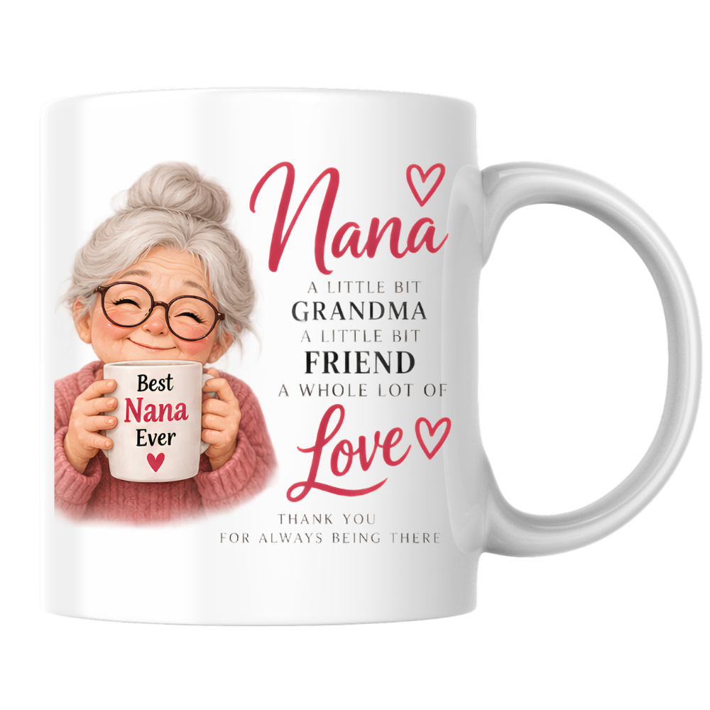 Family Mug "Nana A LITTLE BIT GRANDMA A LITTLE BIT FRIEND A WHOLE LOT OF Love" Sweet Grandma 325ml Ceramic Coffee Mug – Heartwarming Nana Tea Cup with Smiling Grandma & Mini Mug Graphic Gift | Available in Multicolours | Fast Dispatch by UK Seller (M3012)