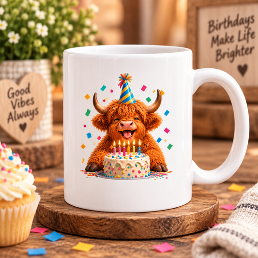 Festive Mug Birthday Highland Cow Ceramic Coffee Mug – Cute Celebration Farm Animal Party Hat & Cake Tea Cup Gift 350ml | Available in Multicolours | Fast Dispatch by UK Seller (M1229)