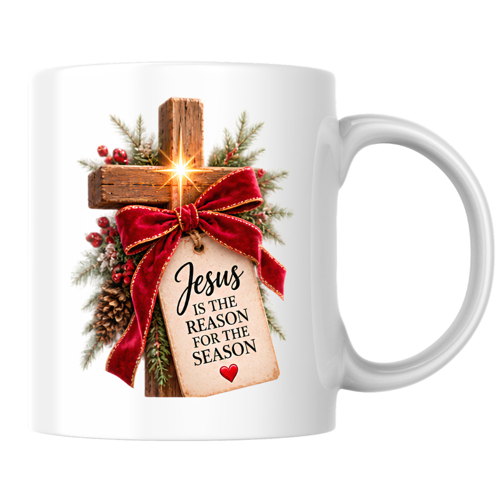 Christmas Mug "Jesus Is The Reason For The Season Wooden Cross" 325ml Ceramic Coffee Mug – Rustic Wooden Cross With Velvet Bow Pine Red Berries Christian Holiday Gift | Available in Multicolours | Fast Dispatch by UK Seller (M3297)