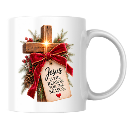 Christmas Mug "Jesus Is The Reason For The Season Wooden Cross" 325ml Ceramic Coffee Mug – Rustic Wooden Cross With Velvet Bow Pine Red Berries Christian Holiday Gift | Available in Multicolours | Fast Dispatch by UK Seller (M3297)