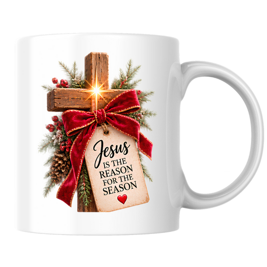 Christmas Mug "Jesus Is The Reason For The Season Wooden Cross" 325ml Ceramic Coffee Mug – Rustic Wooden Cross With Velvet Bow Pine Red Berries Christian Holiday Gift | Available in Multicolours | Fast Dispatch by UK Seller (M3297)