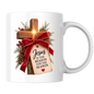 Christmas Mug "Jesus Is The Reason For The Season Wooden Cross" 325ml Ceramic Coffee Mug – Rustic Wooden Cross With Velvet Bow Pine Red Berries Christian Holiday Gift | Available in Multicolours | Fast Dispatch by UK Seller (M3297)