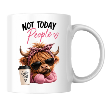 Sassy Highland Cow Mug "Not Today People, Coffee First" Graphic 325ml Ceramic Coffee Cup – Highland Cow in Sunglasses, Pink Hoodie & Leopard Bandana Novelty Tea Cup | Sarcastic Gift for Her | Available in Multicolours | Fast Dispatch by UK Seller (M3134)