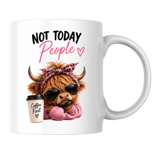 Sassy Highland Cow Mug "Not Today People, Coffee First" Graphic 325ml Ceramic Coffee Cup – Highland Cow in Sunglasses, Pink Hoodie & Leopard Bandana Novelty Tea Cup | Sarcastic Gift for Her | Available in Multicolours | Fast Dispatch by UK Seller (M3134)