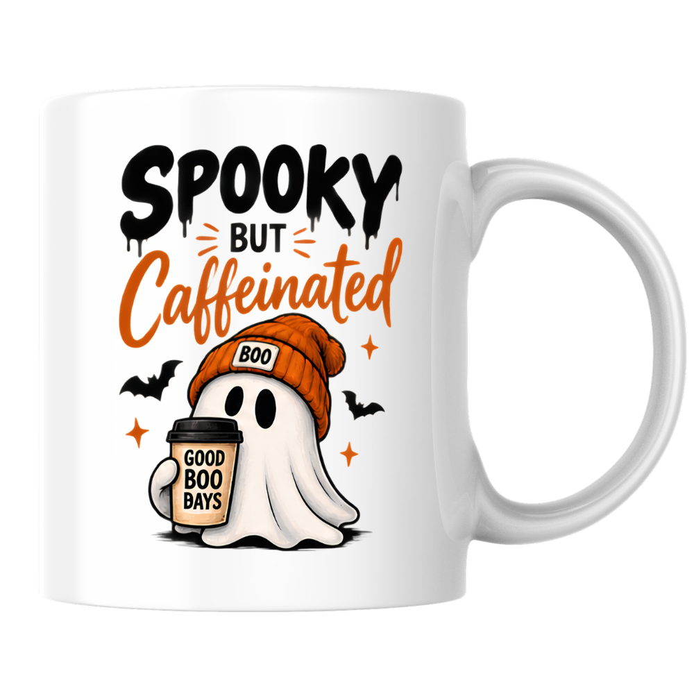 Halloween Mug "SPOOKY BUT Caffeinated" Cute Ghost 325ml Ceramic Coffee Mug – Novelty Autumn Beanie Ghost Tea Cup with Coffee Cup & Bats Graphic Gift | Available in Multicolours | Fast Dispatch by UK Seller (M3068)