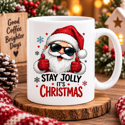 Cool Mug "Stay Jolly It's Christmas" Santa Ceramic Coffee Mug – Funny Holiday Tea Cup with Sunglasses & Thumbs Up Gift 350ml | Available in Multicolours | Fast Dispatch by UK Seller (M1235)