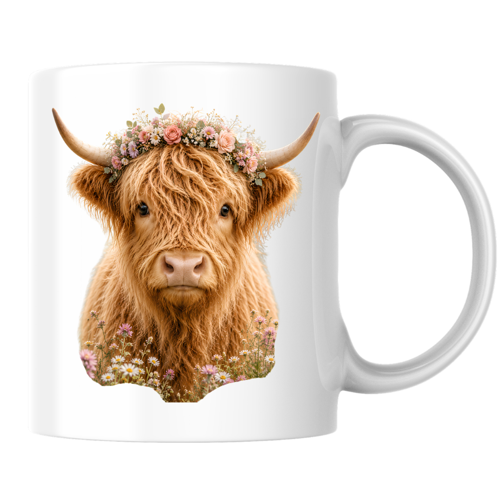 Floral Mug "Boho Highland Cow" Floral Crown Highland Cow 325ml Ceramic Coffee Mug Pretty Botanical Tea Cup with Pink Rose Flower Crown Graphic Gift | Available in Multicolours | Fast Dispatch by UK Seller (M3152)