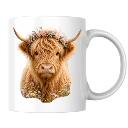 Floral Mug "Boho Highland Cow" Floral Crown Highland Cow 325ml Ceramic Coffee Mug Pretty Botanical Tea Cup with Pink Rose Flower Crown Graphic Gift | Available in Multicolours | Fast Dispatch by UK Seller (M3152)
