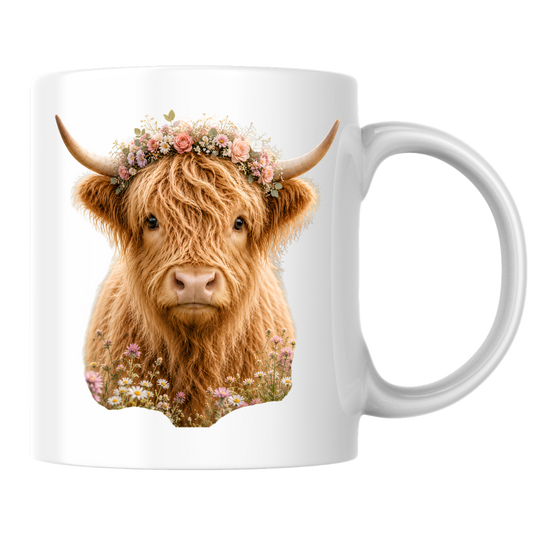 Floral Mug "Boho Highland Cow" Floral Crown Highland Cow 325ml Ceramic Coffee Mug Pretty Botanical Tea Cup with Pink Rose Flower Crown Graphic Gift | Available in Multicolours | Fast Dispatch by UK Seller (M3152)