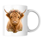 Floral Mug "Boho Highland Cow" Floral Crown Highland Cow 325ml Ceramic Coffee Mug Pretty Botanical Tea Cup with Pink Rose Flower Crown Graphic Gift | Available in Multicolours | Fast Dispatch by UK Seller (M3152)