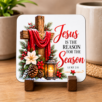 Inspirational Religious Hardboard Coaster "Jesus Is The Reason For The Season" Graphic 9cm x 9cm Square Drinks Coaster “ Rustic Wooden Cross with Red Cloth, Poinsettias & Candle Lantern Novelty Mat | Christian Gift | Fast Dispatch by UK Seller (C3033)