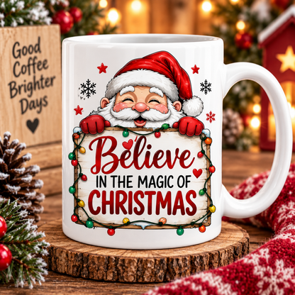 Magical Mug "Believe in the Magic of Christmas" Santa Ceramic Coffee Mug – Cute Holiday Tea Cup with Fairy Lights & Wooden Sign Gift 350ml | Available in Multicolours | Fast Dispatch by UK Seller (M1236)
