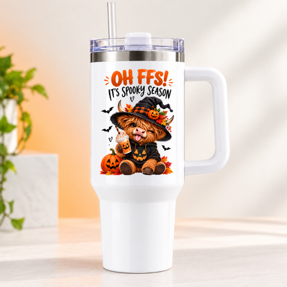 Halloween Highland Cow Travel Tumbler "Oh FFS! It's Spooky Season" Graphic 40oz Stainless Steel Insulated Travel Mug with Handle & Straw – Funny Witch Cow Pumpkin Iced Latte Gift | Fast Dispatch by UK Seller (T3043)
