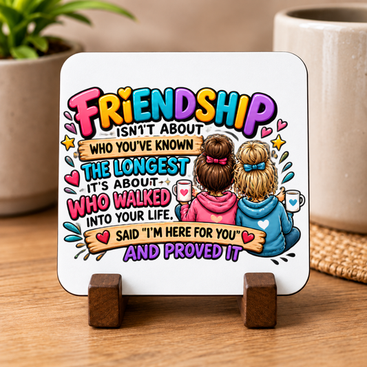 Best Friends Coaster "Friendship Isn't About Who You've Known the Longest It's About Who Walked Into Your Life, Said 'I'm Here for You' and Proved It" Graphic 9x9cm Drinks Mat – Colorful Bestie Quotes Tableware Gift | Fast Dispatch by UK Seller (C3065)