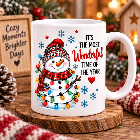 Festive Mug "Most Wonderful Time" Snowman Ceramic Coffee Mug – Cute Winter Holiday Tea Cup with Fairy Lights & Scarf Gift 350ml | Available in Multicolours | Fast Dispatch by UK Seller (M1234)