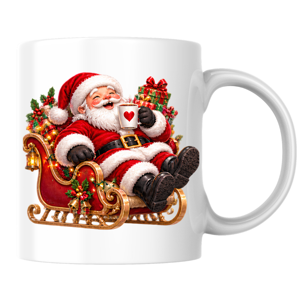 Christmas Mug "Relaxing Santa Sleigh Coffee Heart" Relaxing Santa Sleigh 325ml Ceramic Coffee Mug – Festive Christmas Tea Cup with Jolly Santa Claus In Sleigh Heart Mug Graphic Gift | Available in Multicolours | Fast Dispatch by UK Seller (M3182)