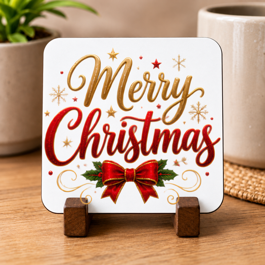 Festive Merry Christmas Hardboard Coaster Slogan Graphic 9cm x 9cm Square Drinks Coaster “Gold & Red Script Typography with Red Satin Bow a
