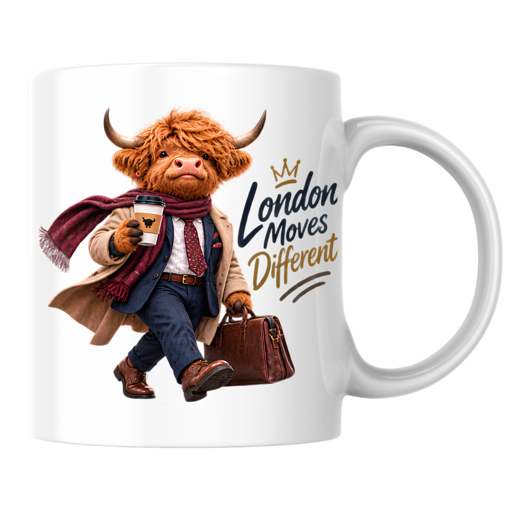 London Mug "London Moves Different Gentlemen Highland Cow" 325ml Ceramic Coffee Mug – Dapper Gentleman Highland Cow Commuter With Coffee Leather Briefcase Trench Coat Office Gift | Available in Multicolours | Fast Dispatch by UK Seller (M3283)