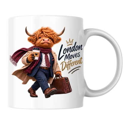 London Mug "London Moves Different Gentlemen Highland Cow" 325ml Ceramic Coffee Mug – Dapper Gentleman Highland Cow Commuter With Coffee Leather Briefcase Trench Coat Office Gift | Available in Multicolours | Fast Dispatch by UK Seller (M3283)