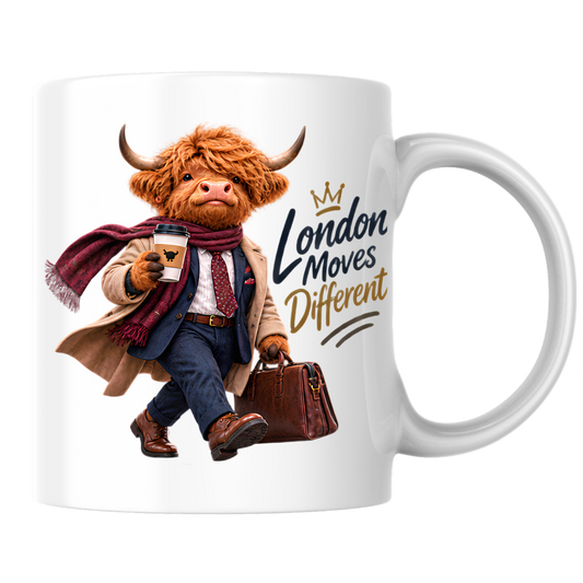 London Mug "London Moves Different Gentlemen Highland Cow" 325ml Ceramic Coffee Mug – Dapper Gentleman Highland Cow Commuter With Coffee Leather Briefcase Trench Coat Office Gift | Available in Multicolours | Fast Dispatch by UK Seller (M3283)
