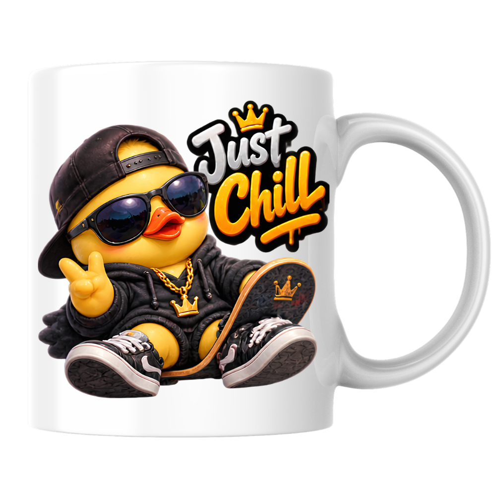 Skateboard Mug "Just Chill Cool Duck" Just Chill 325ml Ceramic Coffee Mug – Cool Skater Duck in Black Hoodie, Cap, Sunglasses & Gold Crown Chain With Skateboard Fun Gift For Skaters Friends | Available in Multicolours | Fast Dispatch by UK Seller (M3252)