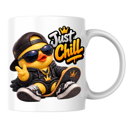 Skateboard Mug "Just Chill Cool Duck" Just Chill 325ml Ceramic Coffee Mug – Cool Skater Duck in Black Hoodie, Cap, Sunglasses & Gold Crown Chain With Skateboard Fun Gift For Skaters Friends | Available in Multicolours | Fast Dispatch by UK Seller (M3252)