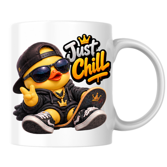 Skateboard Mug "Just Chill Cool Duck" Just Chill 325ml Ceramic Coffee Mug – Cool Skater Duck in Black Hoodie, Cap, Sunglasses & Gold Crown Chain With Skateboard Fun Gift For Skaters Friends | Available in Multicolours | Fast Dispatch by UK Seller (M3252)