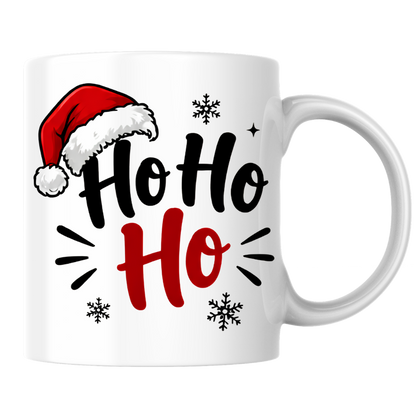 Christmas Santa Hat Mug "Ho Ho Ho" Ho Ho Ho 325ml Ceramic Coffee Mug – Festive Santa Claus Typography Slogan with Red Santa Hat, Snowflakes & Burst Lines | Winter Holiday Gift | Fast Dispatch by UK Seller (M3436)